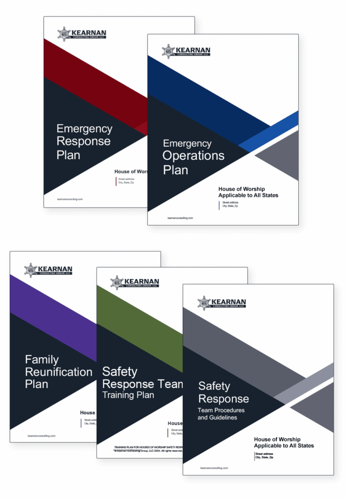 Emergency Operations Plan tailored for governing boards, attorneys, insurance professionals, and executives; an easily understandable Emergency Response Plan designed for staff and employees; a Safety Response Team Procedures & Guidelines manual crafted for staff and volunteers; a Training Plan featuring Training Objectives, Summaries, After Action Reports, Range Qualifications, Annual Training Matrix; and a Family Reunification Plan. - Kearnan Consulting Group - Church Security Solutions