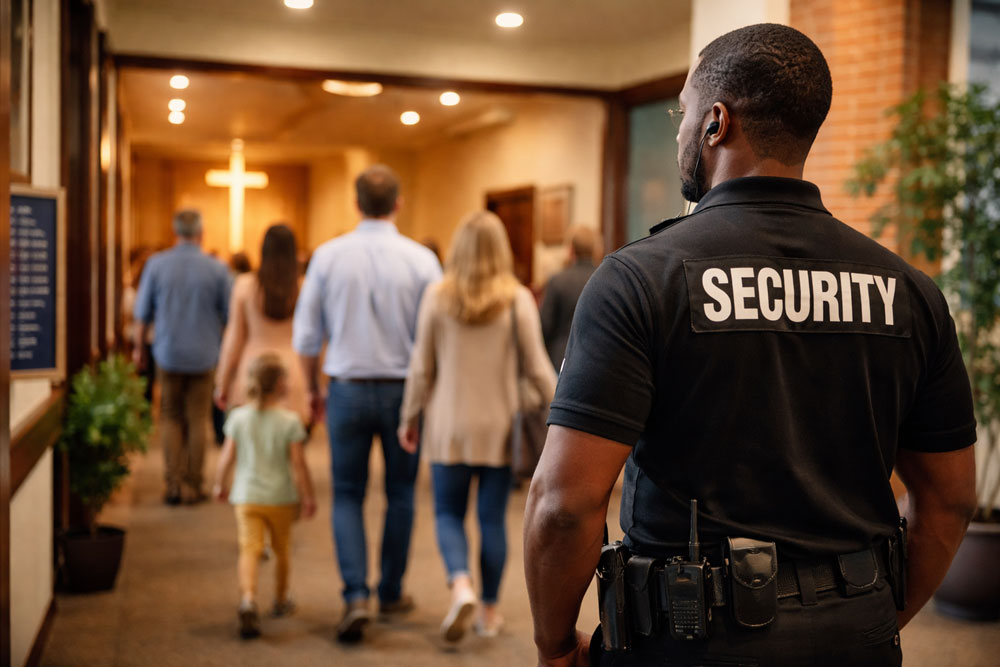 security guard entering a house of worship behind church members