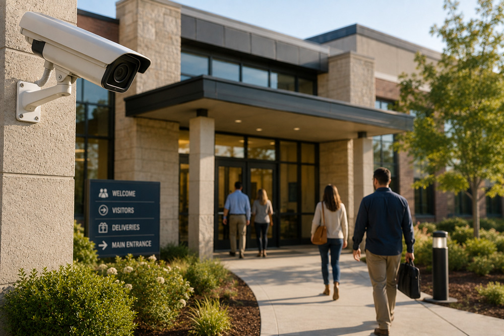 Building entrance with surveillance camera
